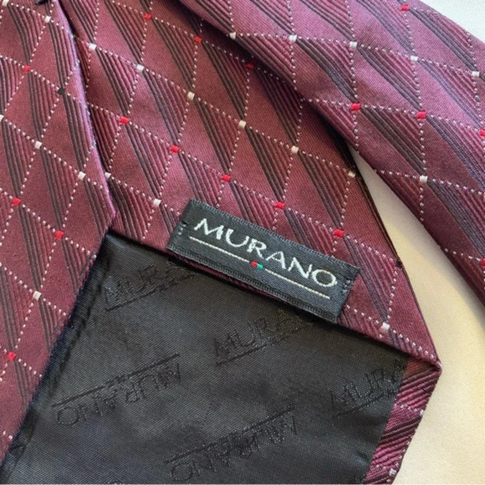 Murano‎ 100% Silk. Mens Necktie Maroon Wine , Red and Silver,  Mens Tie.